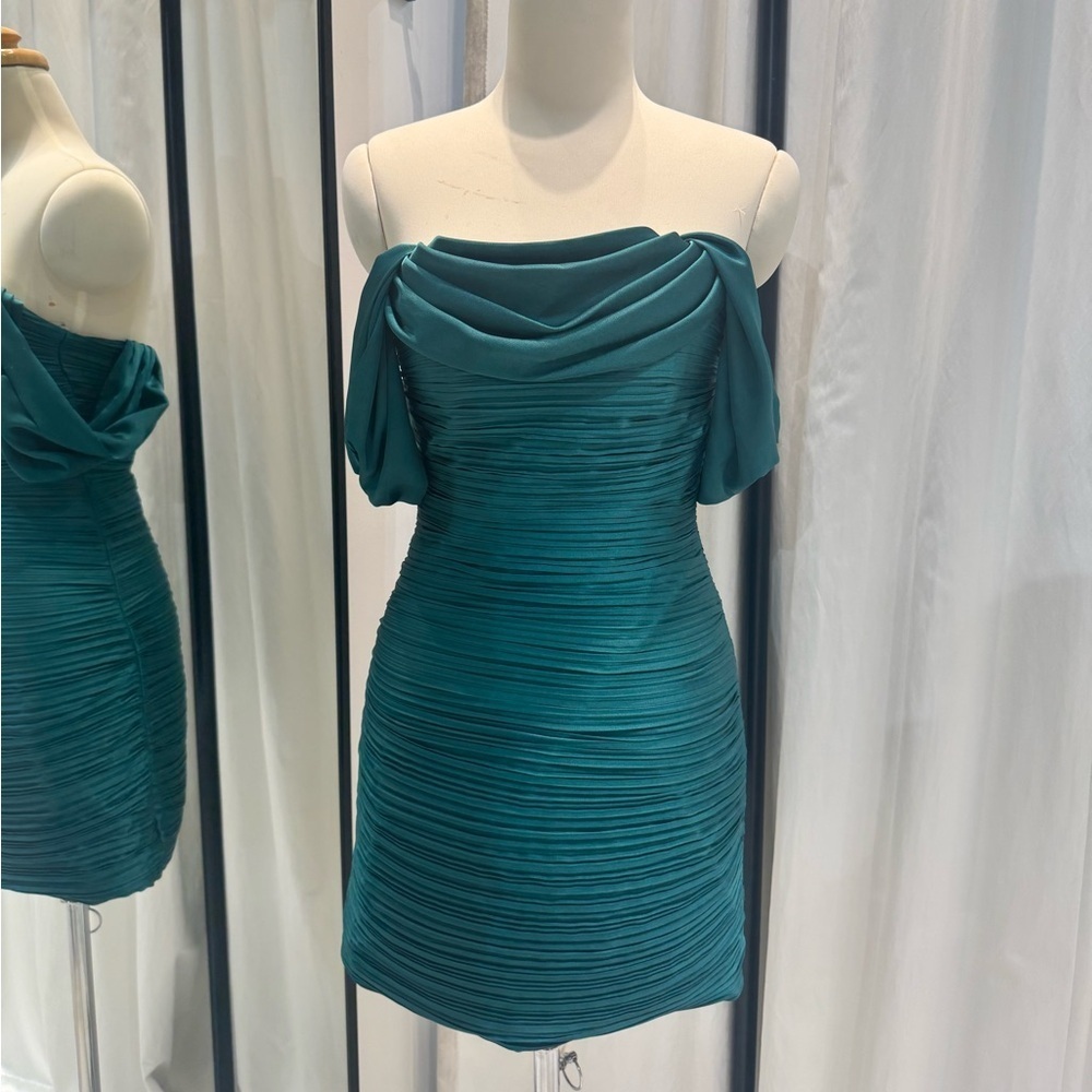 Teal Off-Shoulder Bandage Dress